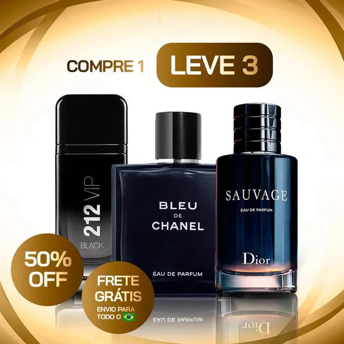 KIT 3 Perfumes Masculinos Importados (100ml cada) - Sauvage Dior | Bleu de Chanel | 212 Vip Black - Loja Santa Cruz